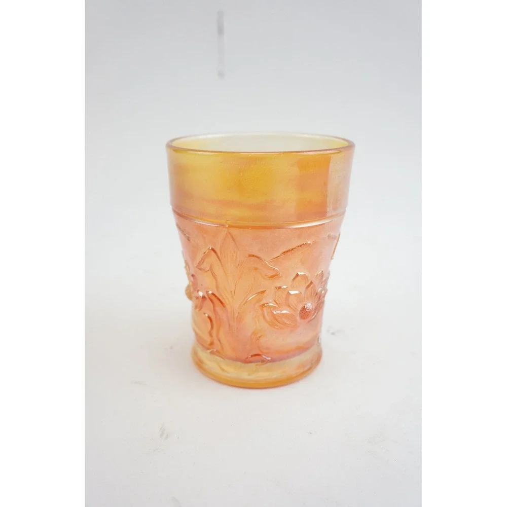 Northwood Glass Carnival Ruffled Glass Bowl & Cattails‎ Tumbler Set Marigold EUC